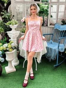 SHEIN 少女优雅碎花图案细肩带蝴蝶结中长连衣裙