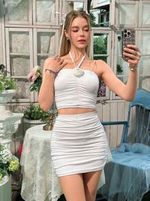 SHEIN 2 件套青少年女孩休闲简约舒适吊带 3D 花卉装饰背心和迷你裙 - 白色 - 查看 3
