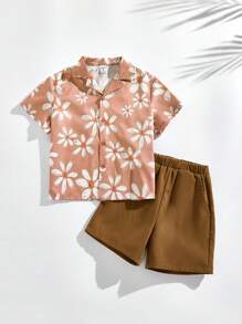 SHEIN Set maglietta e pantaloni per ragazzi giovani, stile semplice e alla moda, adatto per uso casual quotidiano - Castano - Visualizzare 3