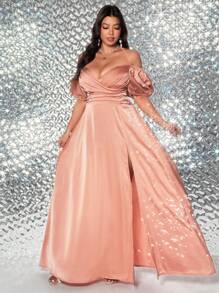 Viva Relle Plus Size Woven Elegant Sexy Ruffle Slit Cami Dress - Pink - View 5