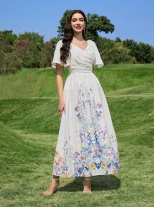 Modelyn 时尚浪漫的女士花卉印花连衣裙 - 杏色 - 查看 6