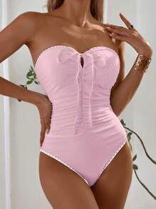 Women'S Solid Color Textured Fabric Tube Top With Drawstring Waist Ruched One-Piece Beach Outfit For Summer Beach Vacation - Pink - View 1