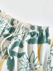 SHEIN Young Boys Beige Plant Print Elastic Waist Loose Sweatshirt Fabric Shorts Casual Holiday Style, Outdoor Sports Style - Beige - View 6