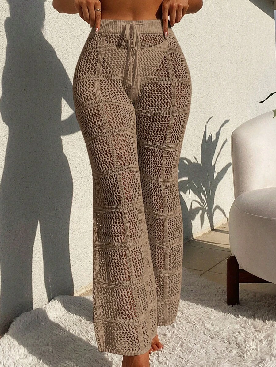 Swim Chiccia Summer Clothes Holiday Solid Color Hollow Knitted Drawstring Waist See-Through Cover-Up Pants,Summer Beach Knit Pantssweater Pantsmesh Pants