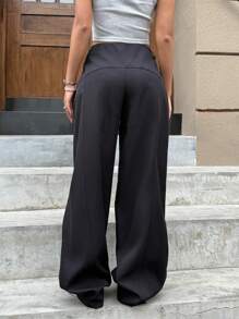 SHEIN EZwear Pantaloni casual diritti a gamba larga con tasche, di colore uniforme, versatili, da donna - nero - Visualizzare 2