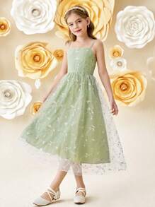 SHEIN Girlism Tween Girl 优雅浅绿色花卉刺绣拼接网眼吊带中长连衣裙 - 綠色 - 查看 5