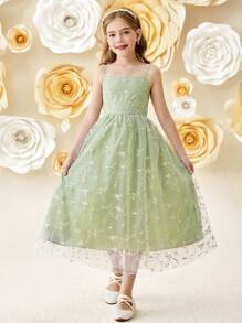 SHEIN Girlism Tween Girl 优雅浅绿色花卉刺绣拼接网眼吊带中长连衣裙 - 綠色 - 查看 2