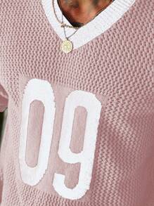 Manfinity Homme Men's Contrast Color Number V-Neck Knit Short Sleeve Top, Spring & Summer Men Mesh Shirt Men Mesh Shirt Number Shirts Men Mesh Top - Pink - View 6