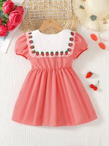 SHEIN Young Girl 1pc Casual Plaid Print Peter Pan Collar Puff Sleeve Short Dress For Girls - Red - View 2