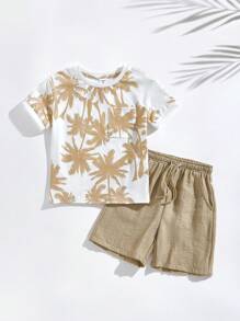 SHEIN 2pcs/Set Boys' Palm Tree Print Short Sleeve Casual T-Shirt And Shorts Set - Multicolor - View 3