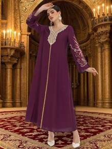 Al Najma Luxury Embroidered  Arabic Desses For Women, Women's Turkish Long Dress,Burgundy Dress,Luxurious Jalabiyas - Rose Red - View 5