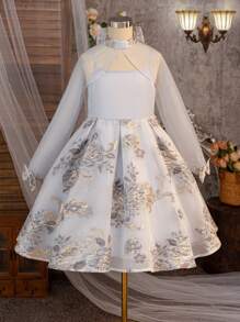 SHEIN 2pcs Set Tween Girls Elegant Jacquard Patchwork Stand Collar Slip Dress & Cover Up Outfit