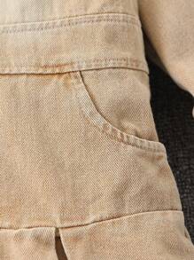 SHEIN One Piece For Young Girl, Denim Dress, Casual Style, Long Sleeve Polo Collar Pocket Cotton Denim Dress, Suitable For Daily Styling, Urban Street Photography, School, Parties, And Various Scenarios In Spring, Summer, And Autumn - Khaki - View 5