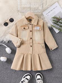 SHEIN One Piece For Young Girl, Denim Dress, Casual Style, Long Sleeve Polo Collar Pocket Cotton Denim Dress, Suitable For Daily Styling, Urban Street Photography, School, Parties, And Various Scenarios In Spring, Summer, And Autumn - Khaki - View 1