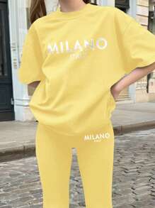 SHEIN 2pcs/Set Tween Girls Casual Minimalist Short Sleeve Top & Long Pants Set, Suitable For Summer