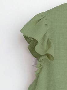 SHEIN LUNE 2pcs Women Solid Color Cap Sleeve Round Neck Top And Pants Set - Army Green - View 4