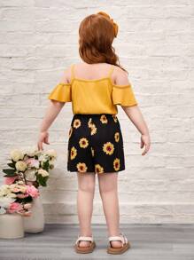 SHEIN Young Girl Solid Color Open Shoulder Patchwork Sunflower Print Romper