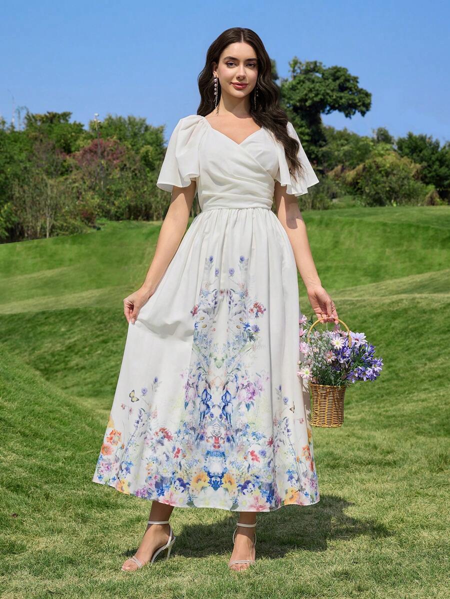 Modelyn 时尚浪漫的女士花卉印花连衣裙 - 杏色 - 查看 1