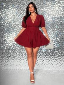 Viva Relle Plus Size Solid Color Puff Sleeve Elasticated Waist Jumpsuit - Red - View 3