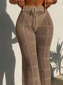 Swim Chiccia Summer Clothes Holiday Solid Color Hollow Knitted Drawstring Waist See-Through Cover-Up Pants,Summer Beach Knit Pantssweater Pantsmesh Pants