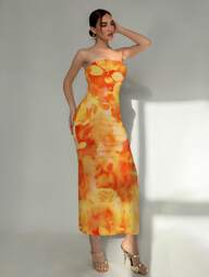 Aloruh Spring New Women Elegant Resort Tight Strapless Artistic Tie Dye Floral Print Dress,Suitable For Summer Beach Vacation/Elegant Date/Fashionable Outing/Concert