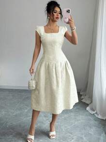Elenzga Abito casual di media lunghezza in tessuto jacquard, nuovo per il 2025, look elegante per donna - Albicocca - Visualizzare 6