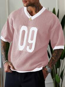 Manfinity Homme Men's Contrast Color Number V-Neck Knit Short Sleeve Top, Spring & Summer Men Mesh Shirt Men Mesh Shirt Number Shirts Men Mesh Top - Pink - View 4