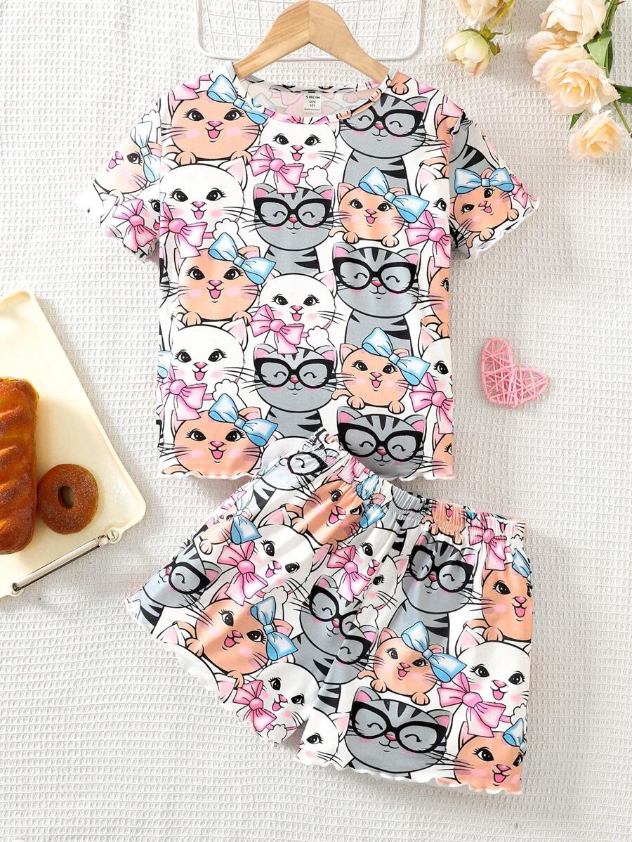 SHEIN Tween Girl Knitted Printed Crew Neck Short Sleeve T-Shirt + Shorts Casual Loungewear Set - Multicolor - View 1