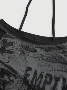 ROMWE Grunge Punk Plus Size Women Y2K Style Off Shoulder Tie Decor Eye Butterfly Silhouette Pattern T-Shirt, Concert - Black - View 3