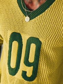 Manfinity Homme 男士街头风格撞色V领数字印花插肩针织套头衫男士针织上衣男士男士度假男士针织上衣男士针织 - 黃色 - 查看 6