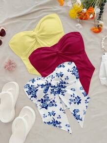 Soleia Set de 3 blusas informales con estampado floral para mujer de talla grande, en colores amarillo suave, morado oscuro y azul, adecuadas para el verano