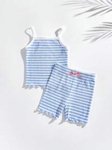 SHEIN Leap Crew Jeunes filles Hauts de débardeur côtelés bleus en tissu côtelé et shorts skinny à taille élastique, ensemble décontracté et confortable - Bleu azur - Voir 3