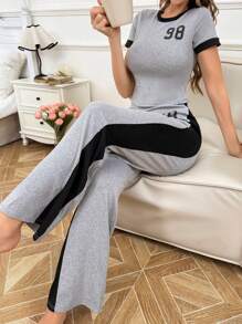 INS Casual Contrast Color English Text Short Sleeve Pants Women Home Suit - Light Grey - View 5