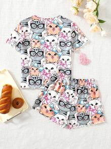 SHEIN Tween Girl Knitted Printed Crew Neck Short Sleeve T-Shirt + Shorts Casual Loungewear Set - Multicolor - View 2