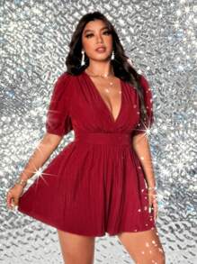 Viva Relle Plus Size Solid Color Puff Sleeve Elasticated Waist Jumpsuit - Red - View 5