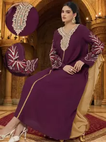 Al Najma Luxury Embroidered  Arabic Desses For Women, Women's Turkish Long Dress,Burgundy Dress,Luxurious Jalabiyas - Rose Red - View 1
