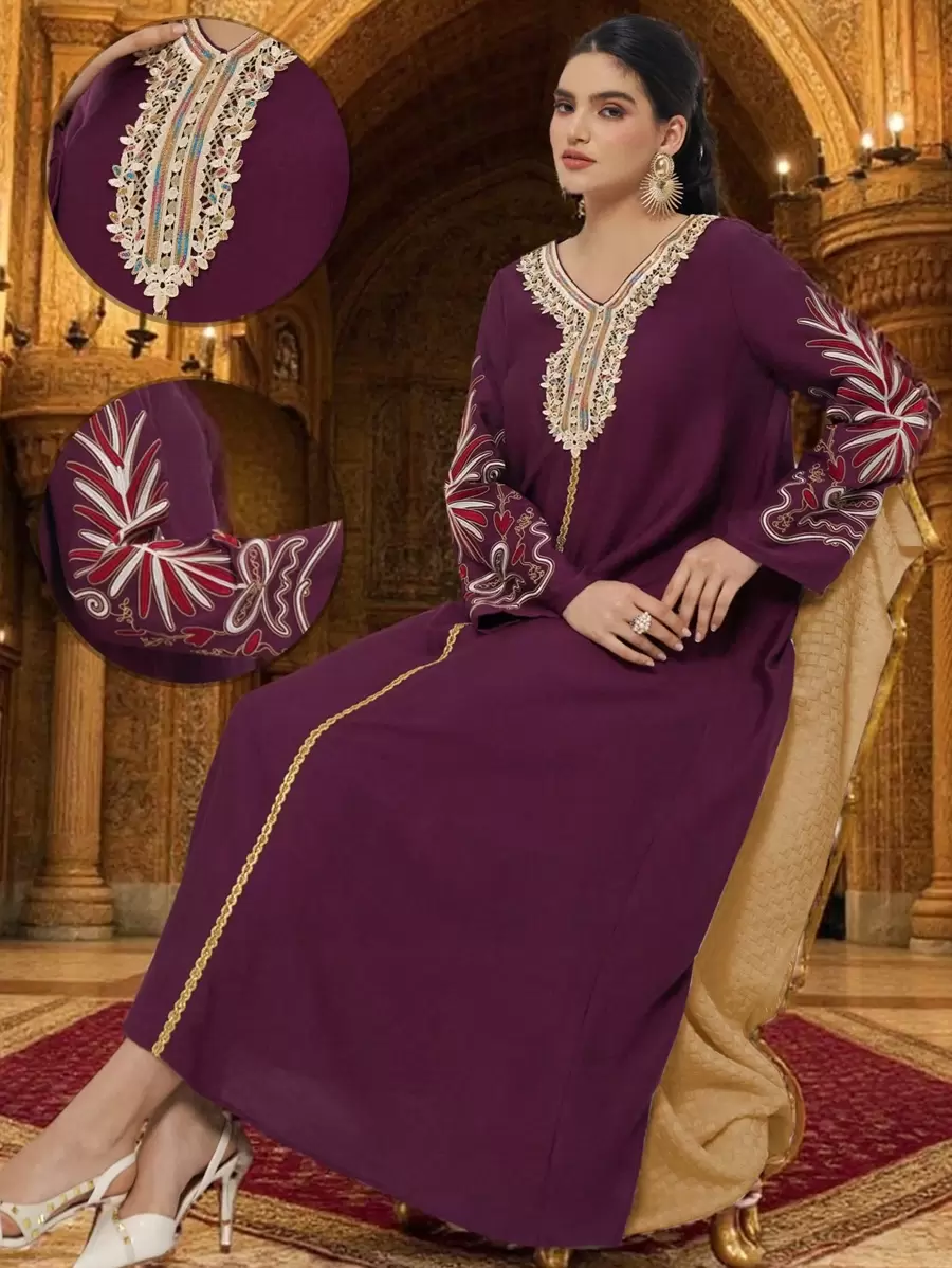 Al Najma Luxury Embroidered  Arabic Desses For Women, Women's Turkish Long Dress,Burgundy Dress,Luxurious Jalabiyas - Rose Red - View 1