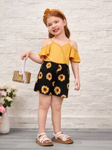 SHEIN Young Girl Solid Color Open Shoulder Patchwork Sunflower Print Romper
