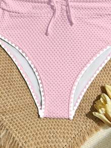 Women'S Solid Color Textured Fabric Tube Top With Drawstring Waist Ruched One-Piece Beach Outfit For Summer Beach Vacation - Pink - View 5