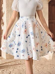 SHEIN Girlism 少女优雅高腰甜美花卉图案半身裙 - 粉色 - 查看 2