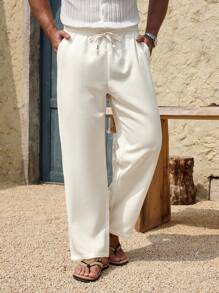 Manfinity RSRT Herren Bambus Knoten Karomuster Lässig Hose, minimalistisch & modisch, geeignet für Sommer, Strandurlaub für Herren, Herren Urlaub, Leinen Herrenhose