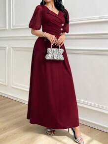 Modelyn Vestido elegante y lujoso con mangas abullonadas y dobladillo acampanado para mujeres - Rojo - Ver 5
