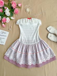 SHEIN Unity Cute Frilled Collar Pleated Fitted Sweet Tube Top Patchwork Ruffle Hem Mini Dress - Multicolor - View 1