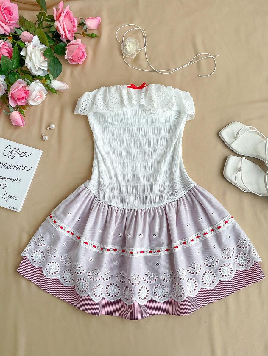 SHEIN Unity Cute Frilled Collar Pleated Fitted Sweet Tube Top Patchwork Ruffle Hem Mini Dress - Multicolor - View 1