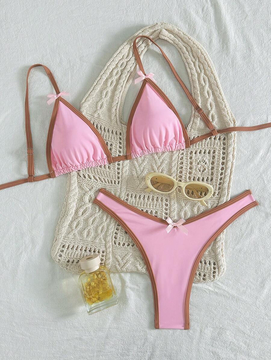 SHEIN Women's Spring Break Spaghetti Strap Triangle Bowknot Bikini Top And High Cut Bottoms, Summer Beach Swimming Vacation Set - Pink - View 1