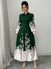 Elenzga Đầm dài in họa tiết toàn bộ cho nữ năm 2024 Maxi Outfit dành cho nữ - Màu xanh lá cây đậm - Xem 4
