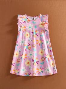 SHEIN Young Girl Pink Floral Ruffle Trim Casual Dress - Multicolor - View 3