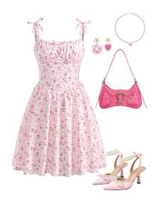 SHEIN 少女优雅碎花图案细肩带蝴蝶结中长连衣裙