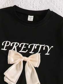 Sparklyn 2pcs Set Teen Girls Bowknot Black Short Sleeve T-Shirt And Denim Effect Wide Leg Pants Suit