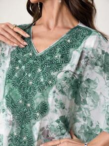 Al Najma V-Neck Heavily Embroidered Turkish Tunic & Traditional Arabic Long Dress, Spring & Summer, Modest Kaftan